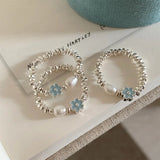 DAIIIBABYYY  -  Blue Drop Glaze Flower Pearl Rings For Women Girls Minimalist Sweet Cute Creative Temperament Elegant Birthday Jewelry