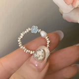 DAIIIBABYYY  -  Blue Drop Glaze Flower Pearl Rings For Women Girls Minimalist Sweet Cute Creative Temperament Elegant Birthday Jewelry