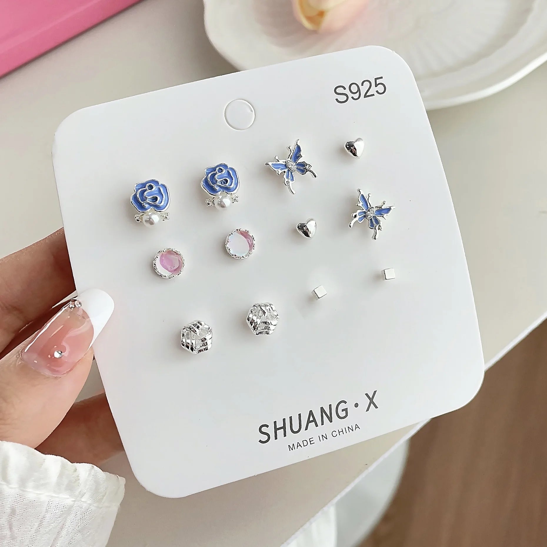 DAIIIBABYYY  -   Girls Y2K Sweet Butterfly Pink Heart Rhinestone Flower Stud Earrings Set Korean Fashion Women Bow Floral Earring Jewelry