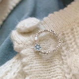 DAIIIBABYYY  -  Blue Drop Glaze Flower Pearl Rings For Women Girls Minimalist Sweet Cute Creative Temperament Elegant Birthday Jewelry