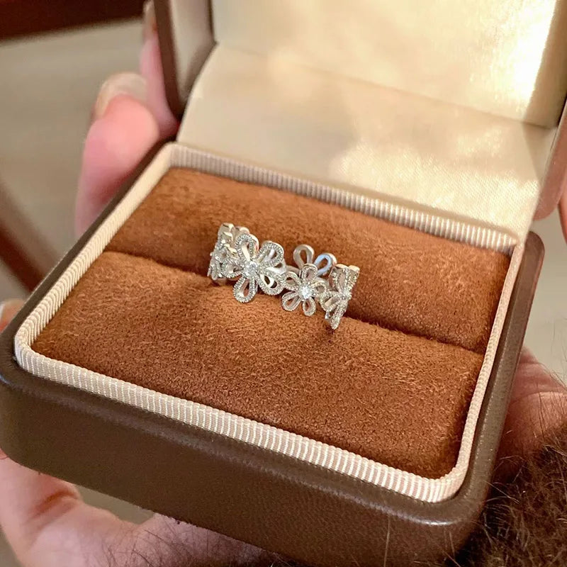 DAIIIBABYYY  -  Lace Flower Zircon Rings For Women Girls Simple Trendy Gentle Exquisite Creative Elegant Sweet Anniversary Jewelry Gifts