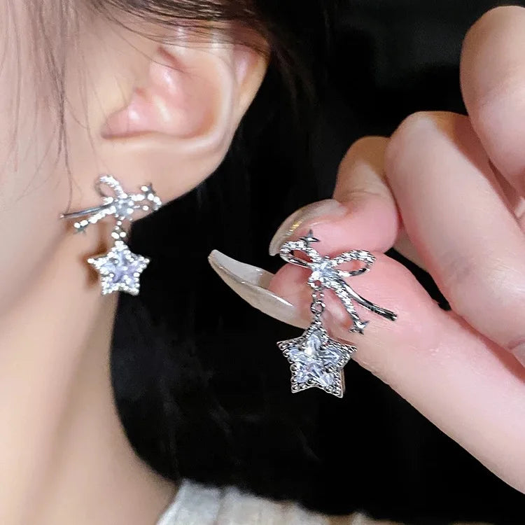DAIIIBABYYY  -  Korean Fashion Blue Zircon Star Stud Earrings for Women Creative Shiny Rhinestone Bowknot Earrings Sweet Girls Jewelry Gifts