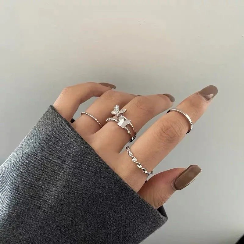 DAIIIBABYYY  -  Korean Butterfly Metal Punk Rings Set for Girls Women Trendy Accessories Buckle Female Index Finger Rings Party Jewelry Gifts