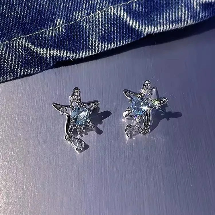 Daiiibabyyy Unique Design Exquisite Blue Star Zircon Earrings for Women Personalized Fashion Daily Accessories Party Jewelry Premium Gifts