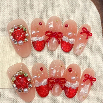 Daiiibabyyy  10pcs Cat's Eye Red Handmade False Nail Tips Bow Lines Design Long Oval Nail Rhinestone Press on Nails Art Wearable Fake Nail