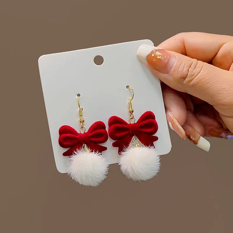 DAIIIBABYYY  -  Women New Year Christmas Wine Red Velvet Bow Earrings Korean Fashion Girls White Plush Ball Dangle Earring Jewelry Gift