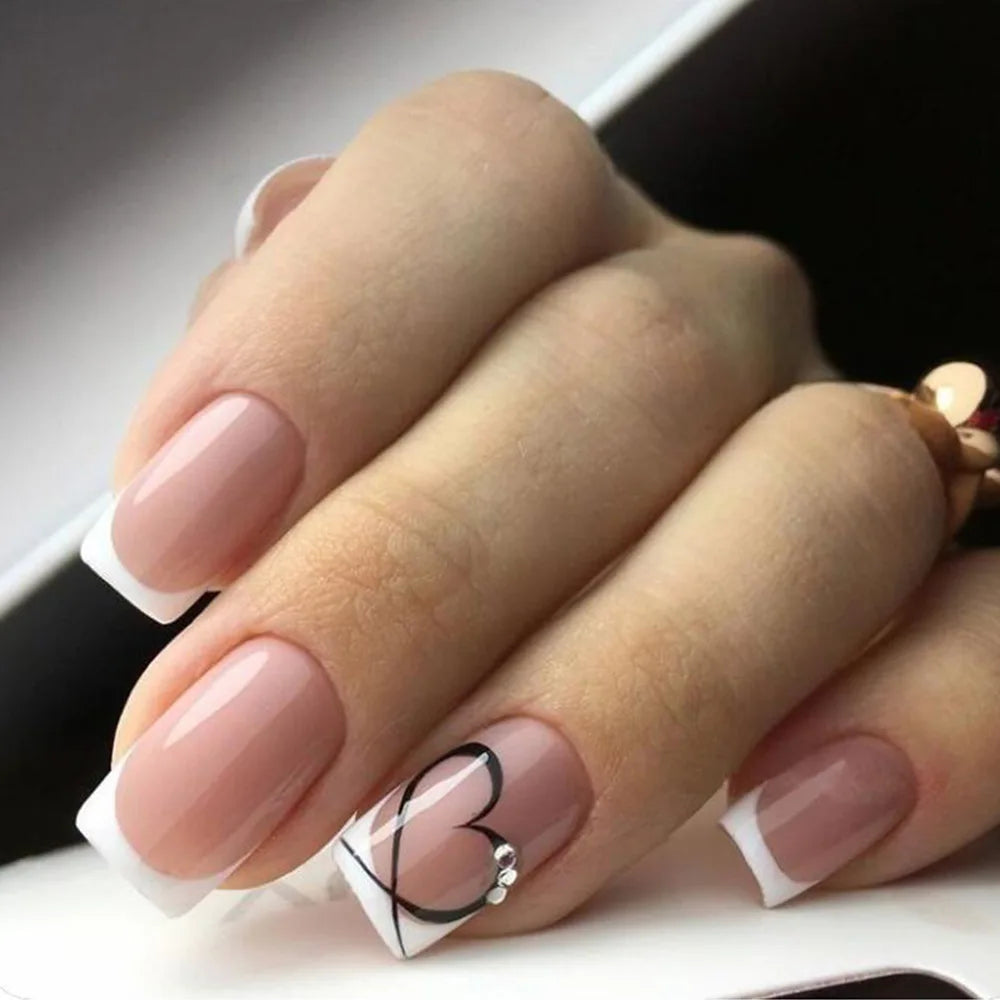 Daiiibabyyy 24Pcs French Stripe Fake Nail with Diamond Design Short Finished Full Cover Nail Tips Manicure White False Nails Press on Nails