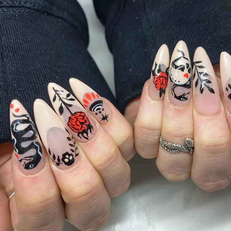 Daiiibabyyy 24Pcs Long French False Nails Almond Fake Nails with Shiny Sequin Design Stripe Finished Press on Nails Wearable Round Nail Tips