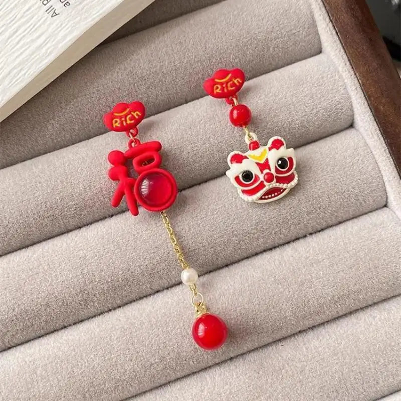 DAIIIBABYYY  -  Chinese Style 2024 Red Little Lion Bell Pendant Earrings for Women The Year of The Dragon Gift New Year Festive Jewelry Gifts