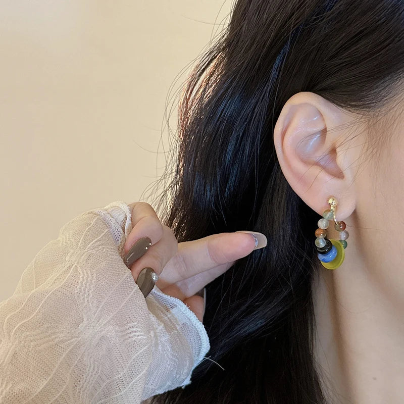 DAIIIBABYYY  -  Retro Colorful Green Bead Earrings Ethnic Style Safety Buckle Design Light Luxury Artistic Popular Earrings Women's Jewelry