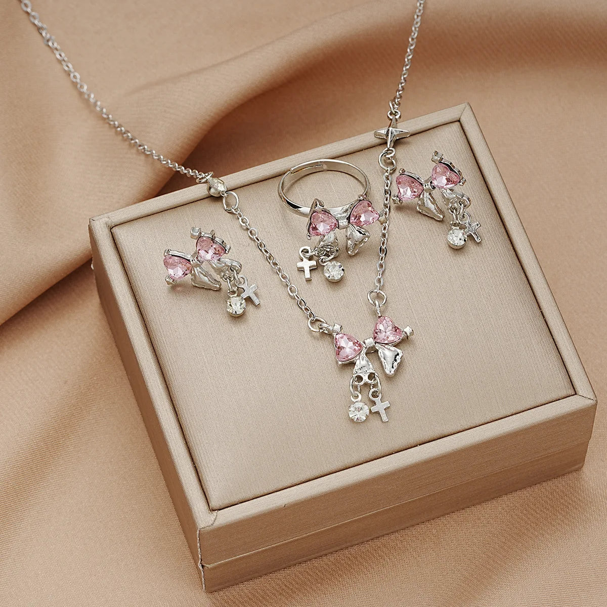 DAIIIBABYYY  -  2024 Fashion Sweet Zircon Bow Necklace Earrings Rings Set Three Pieces Silver Color Elegent Luxury Y2K Jewelry Set Party Gifts 