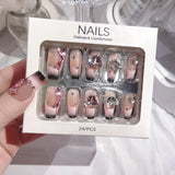 Daiiibabyyy 24pcs Rhinestone Design Fake Nails Sparkling Diamond Pink Heart-shaped False Nails Wearable Full Cover Nail Tips Press on Nails