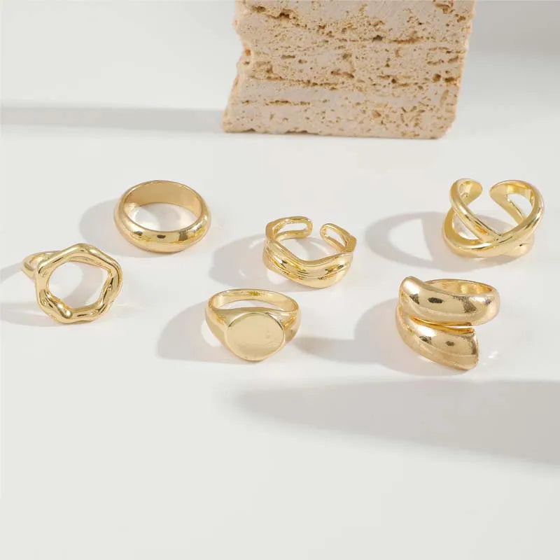 DAIIIBABYYY  -  6Pcs/Set Gold Color Smooth Geometric Open Rings Set For Women Exaggerated Metal Irregular Thick Chunky Ring Jewelry Gift