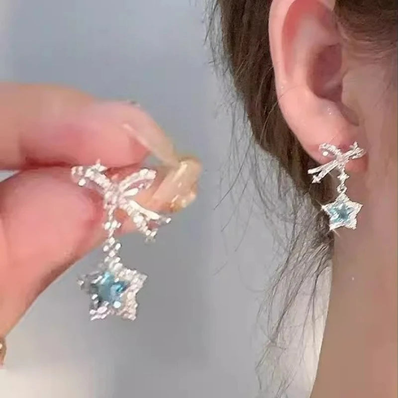 Daiiibabyyy Exquisite Blue Star Shaped Crystal Stud Earrings for Women Personalized Stylish Daily Accessories Party Jewelry Birthday Gifts