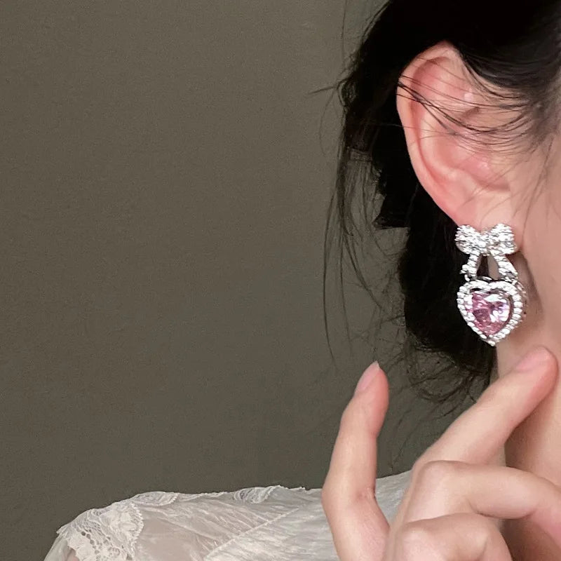 DAIIIBABYYY  -  Korean Elegant Rhinestone Bowknot Drop Earrings For Women Fashion Heart Crystal Pendientes Party Jewelry Gifts
