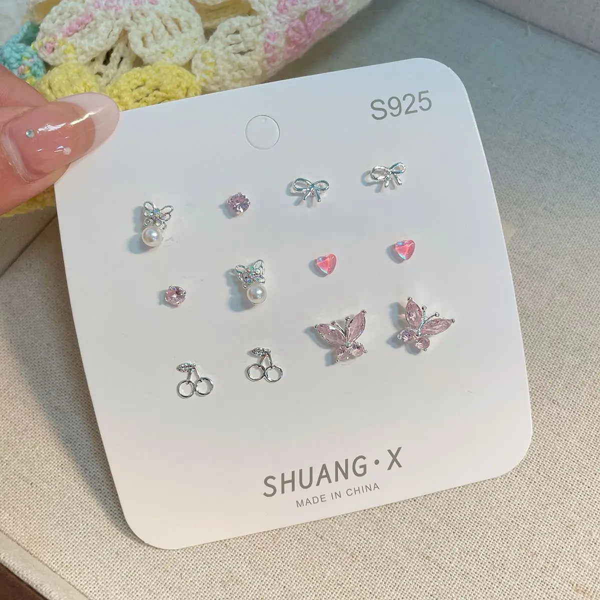 DAIIIBABYYY  -  Summer New Shiny Pink Flower Cherry Butterfly Star Pearl Stud Earrings Set for Women Girls One Week Korean Fashion Jewelry Gift