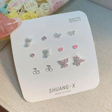 DAIIIBABYYY  -  Summer New Shiny Pink Flower Cherry Butterfly Star Pearl Stud Earrings Set for Women Girls One Week Korean Fashion Jewelry Gift