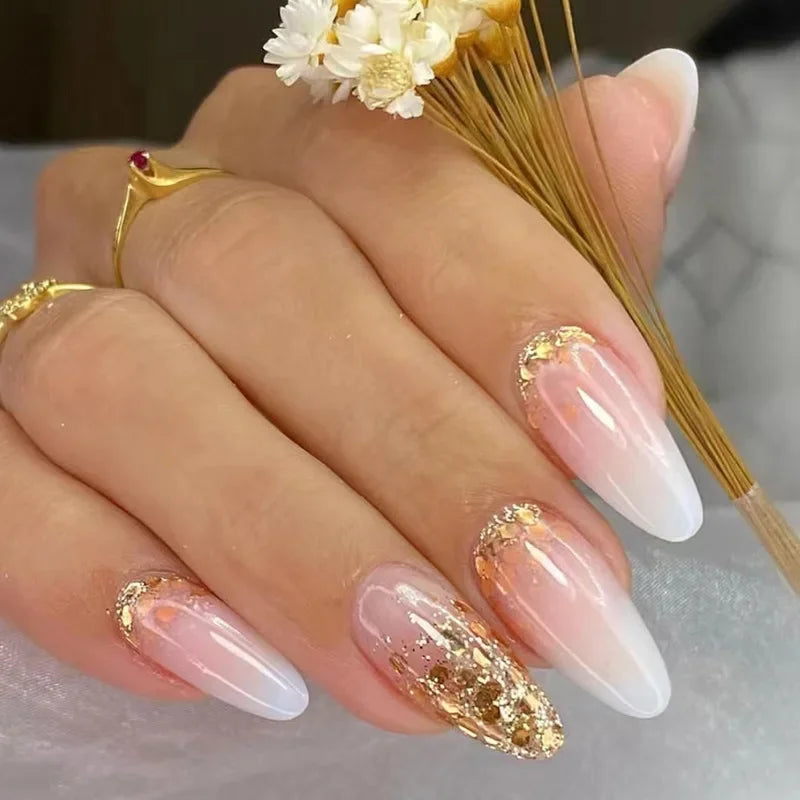 Daiiibabyyy 24Pcs Long French False Nails Almond Fake Nails with Shiny Sequin Design Stripe Finished Press on Nails Wearable Round Nail Tips