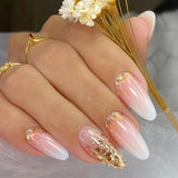 Daiiibabyyy 24Pcs Long French False Nails Almond Fake Nails with Shiny Sequin Design Stripe Finished Press on Nails Wearable Round Nail Tips