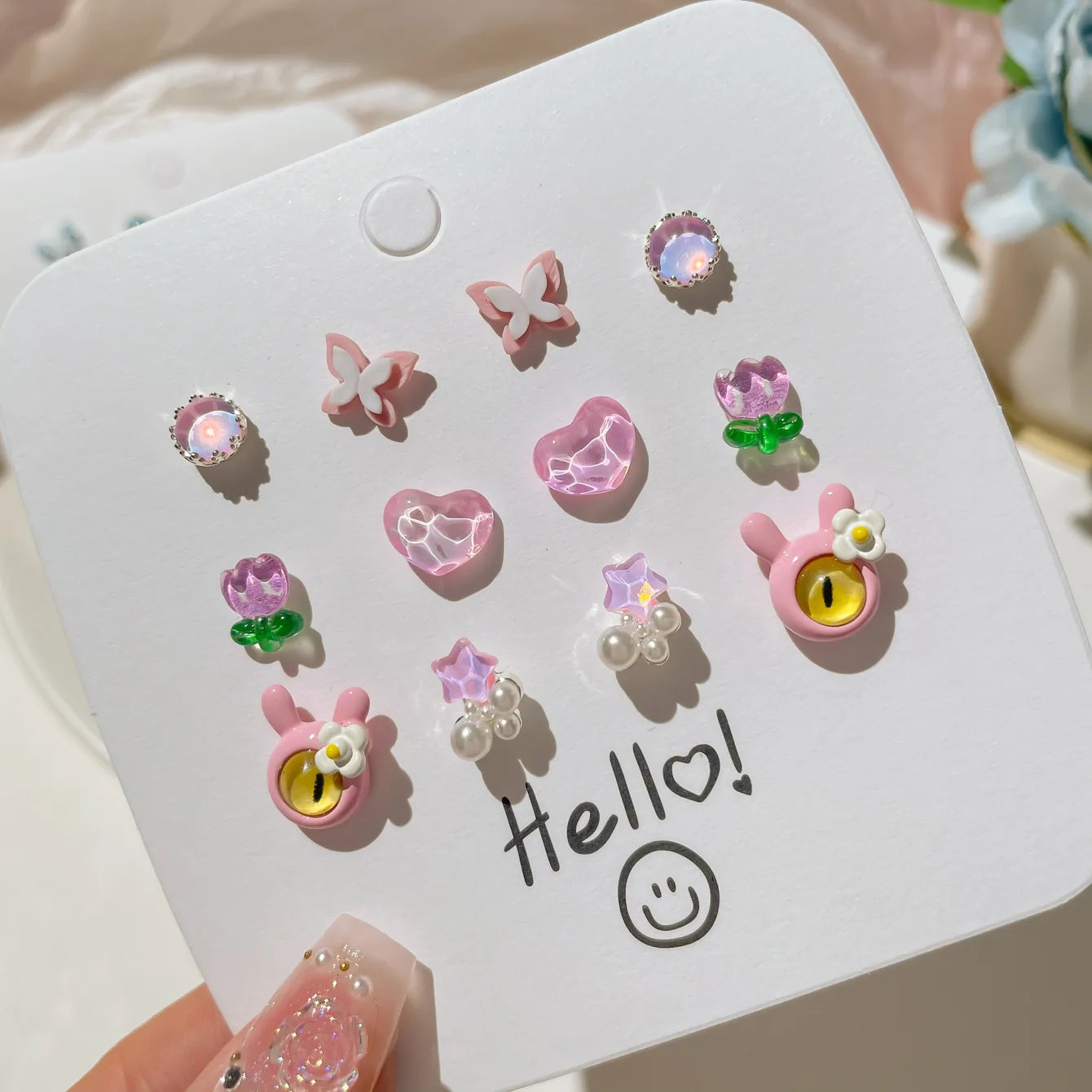 DAIIIBABYYY  -  Cute Pink Heart Butterfly Cat Cartoon Stud Earrings Set for Women Fashion Girls Dreamy Bow Pearl Floral Earring Jewelry