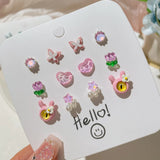 DAIIIBABYYY  -  Cute Pink Heart Butterfly Cat Cartoon Stud Earrings Set for Women Fashion Girls Dreamy Bow Pearl Floral Earring Jewelry