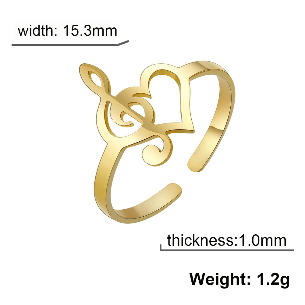 DAIIIBABYYY  -  Music Note Heart of Treble and Bass Ring Women Stainless Steel Gold Color Open Finger Rings 2024 Fashion Jewelry Gift