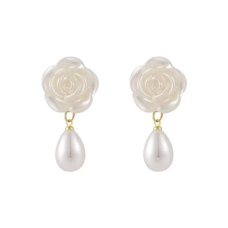 DAIIIBABYYY  -  South Korea New Temperament White Camellia Long Dangle Earring Elegant Water Drop Pearl Flower Earrings For Women Jewelry