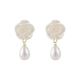 DAIIIBABYYY  -  South Korea New Temperament White Camellia Long Dangle Earring Elegant Water Drop Pearl Flower Earrings For Women Jewelry