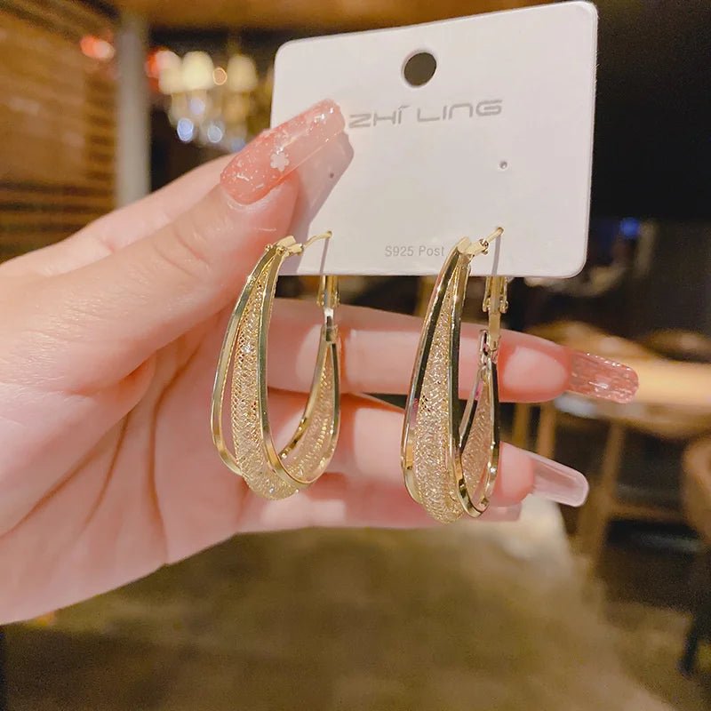 DAIIIBABYYY  -  Korean Gold Color Metal Mesh Crystal Hoop Earrings Women Fashion Jewelry Luxury Geometric Grid Big Circle Earings Femme