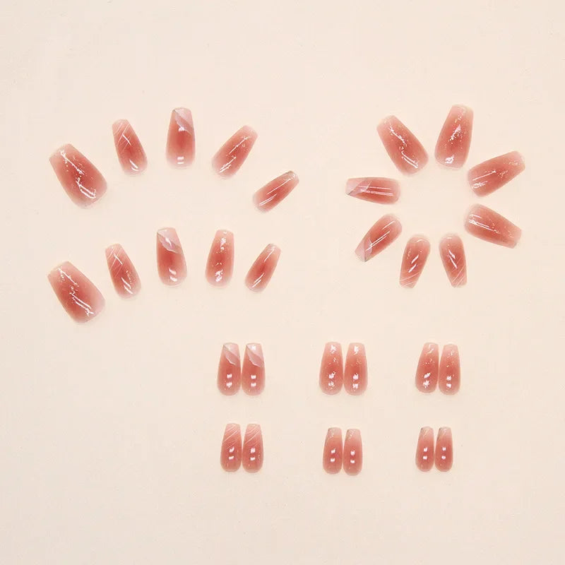 Daiiibabyyy  30pcs/box Pink Fake nails with glue natural blush false nails with designs white gradient cloud gold foil edging press on nails