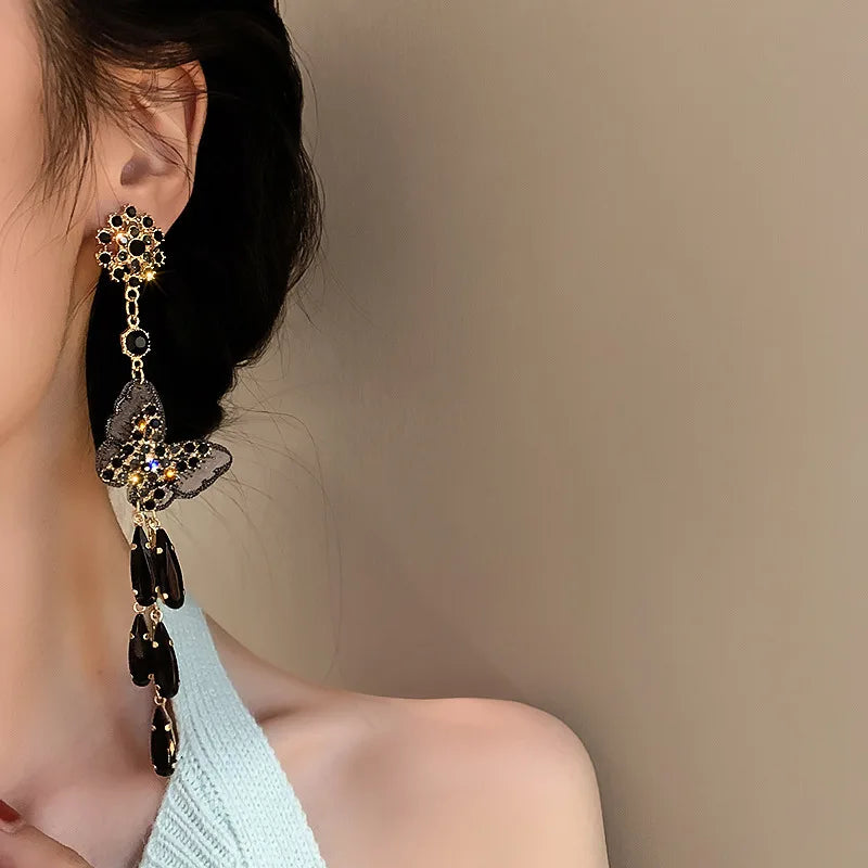 Daiiibabyyy  Black Crystal Butterfly Tassel Dangle Earrings For Women Silver Needle Long Drop Earrings Fashion Personality Jewelry