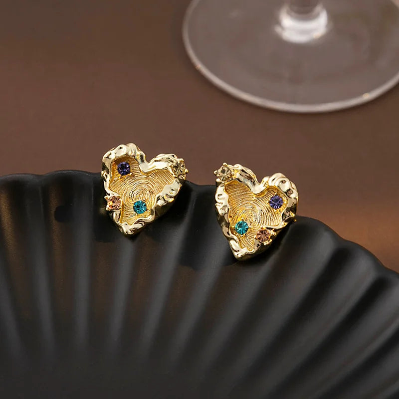 DAIIIBABYYY  -  Fashion Simple Metal Irregular Threaded Heart Earrings for Women Enamel Colored Diamond Inlay Stud Earrings Wedding Jewelry Gift