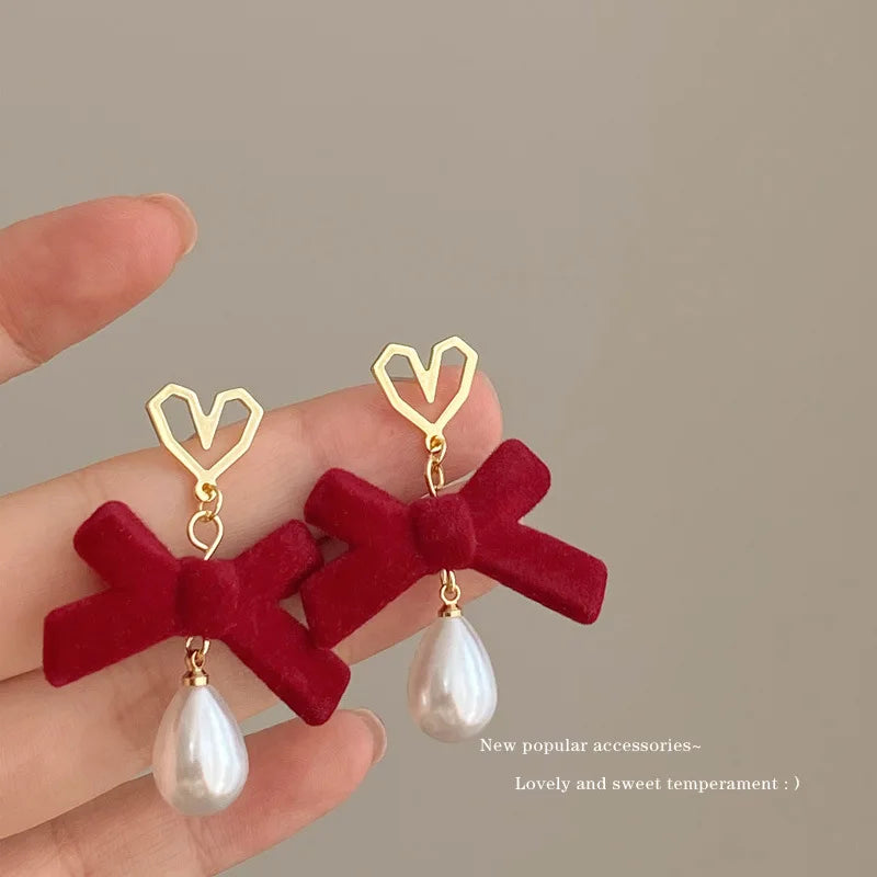 DAIIIBABYYY  -  New Romantic Winter Red Velvet Flocking Bow-knot Earrings Korean Fashion White Furry Ball Multi-style Dangle Earring Jewelry