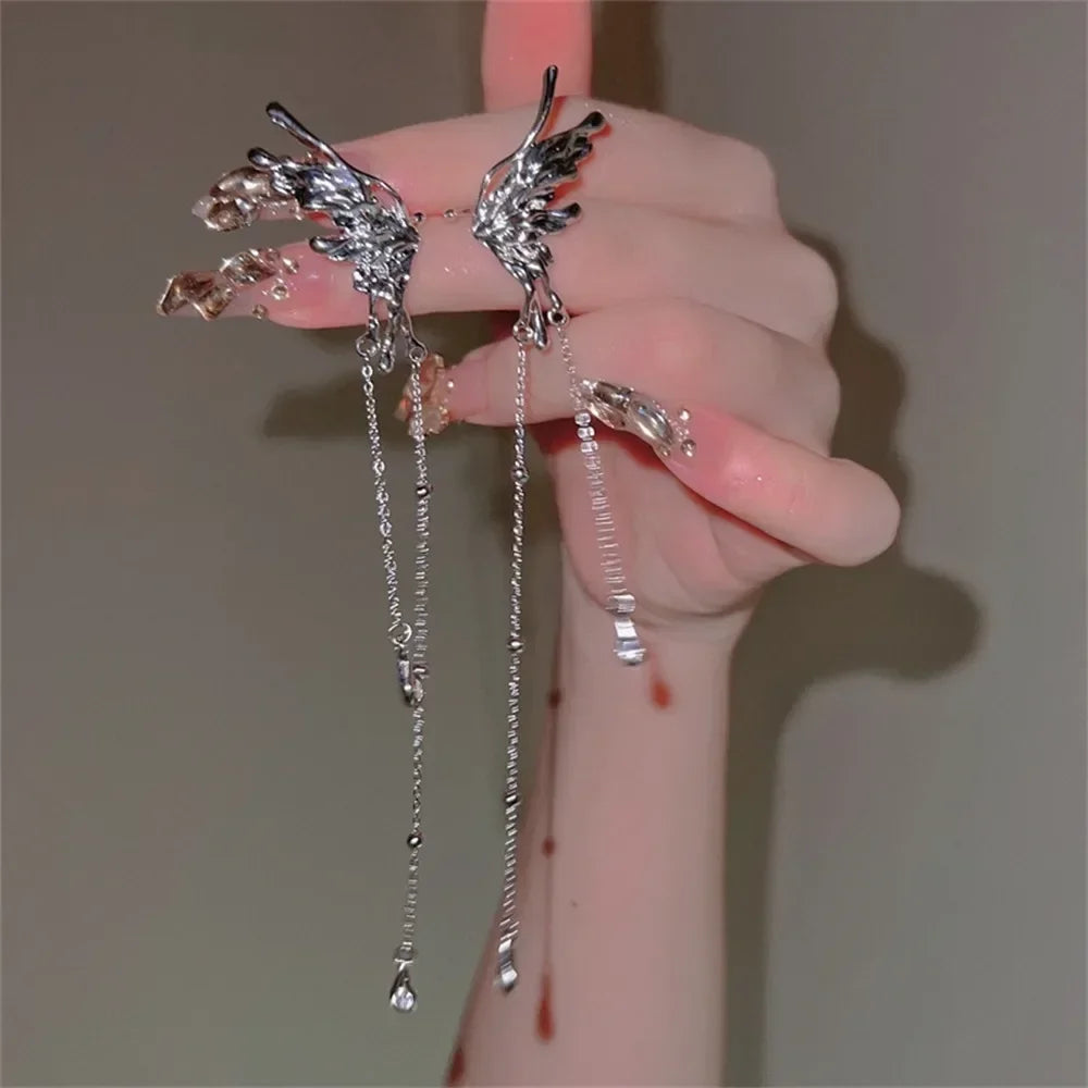Daiiibabyyy  Silver Color Earrings Fairy Angel Wings Butterfly Long Tassel Clip Earrings for Women Teens Cool Ear Cuff Party Jewelry