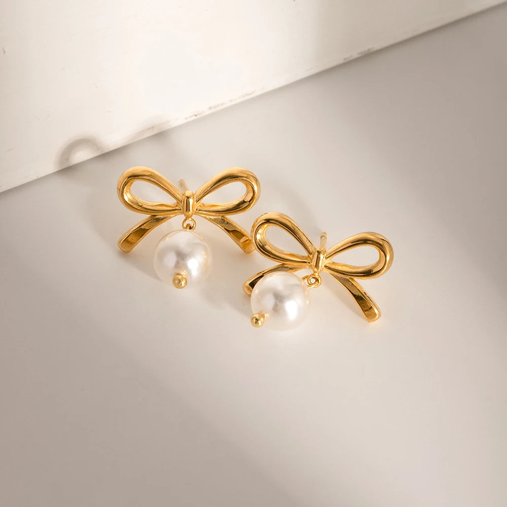 DAIIIBABYYY  -  Stylish 18K Gold Plated Stainless Steel Bowknot Imitation Pearl Drop Stud Earrings for Women Charm Bow Earring Party Gift