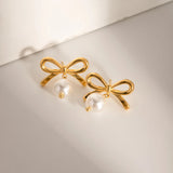 DAIIIBABYYY  -  Stylish 18K Gold Plated Stainless Steel Bowknot Imitation Pearl Drop Stud Earrings for Women Charm Bow Earring Party Gift