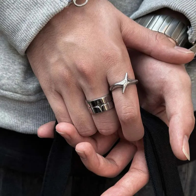 DAIIIBABYYY  -  Fashion Silver Color Star Rings for Women Men Retro Punk Geometric Smooth Personality Wide Couple Rings Party Jewelry Gifts 2024