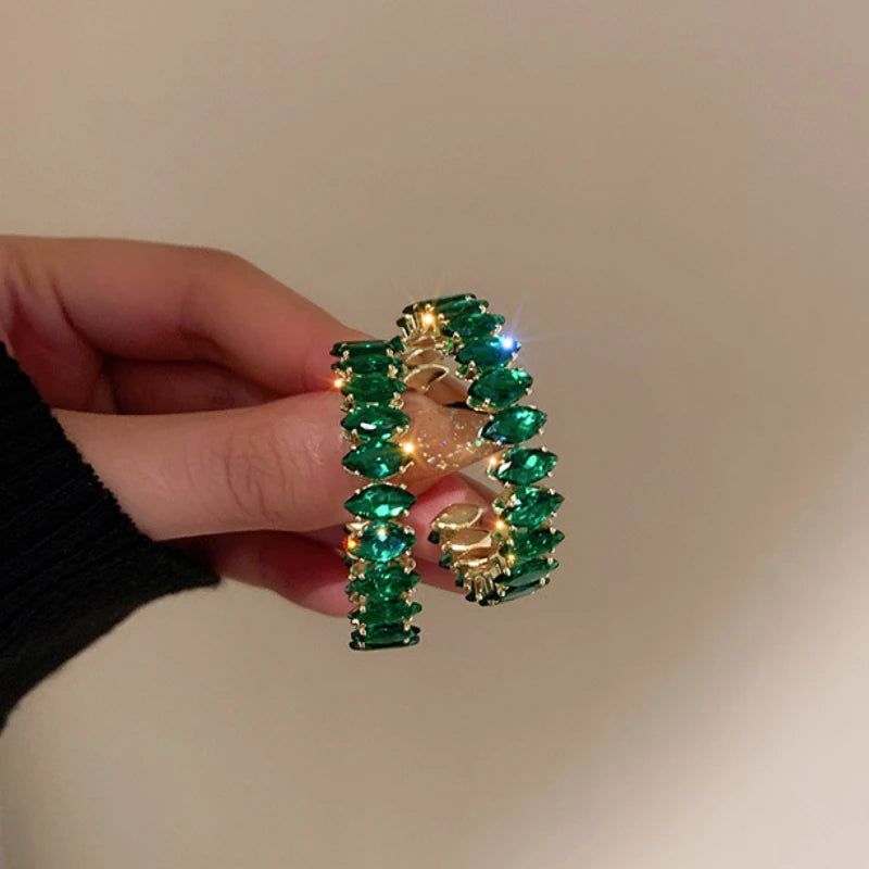 Daiiibabyyy  Green Zircon C-shaped Earrings for Female Fashion Exaggerated Hoop Earrings Inlaid Rhinestone Women's Jewelry for Party