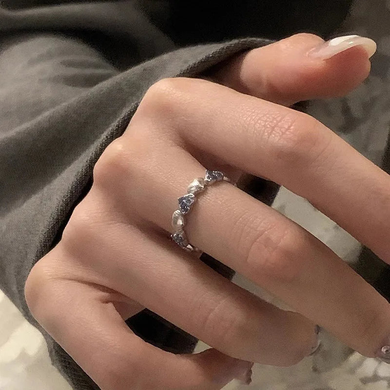 DAIIIBABYYY  -  Blue Zircon Love Heart Rings For Women Girls Fashion Temperament Sweet Elegant Gentle Romantic Anniversary Jewelry Gifts