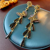 Daiiibabyyy  Black Crystal Butterfly Tassel Dangle Earrings For Women Silver Needle Long Drop Earrings Fashion Personality Jewelry