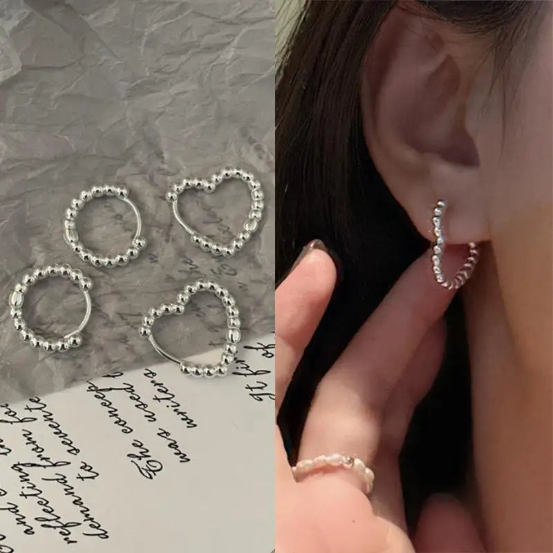 DAIIIBABYYY  -  Simple Silver Color Round Bead Heart-Shaped Circular Ear Buckle Fashion Small Versatile Earrings Women's Jewelry
