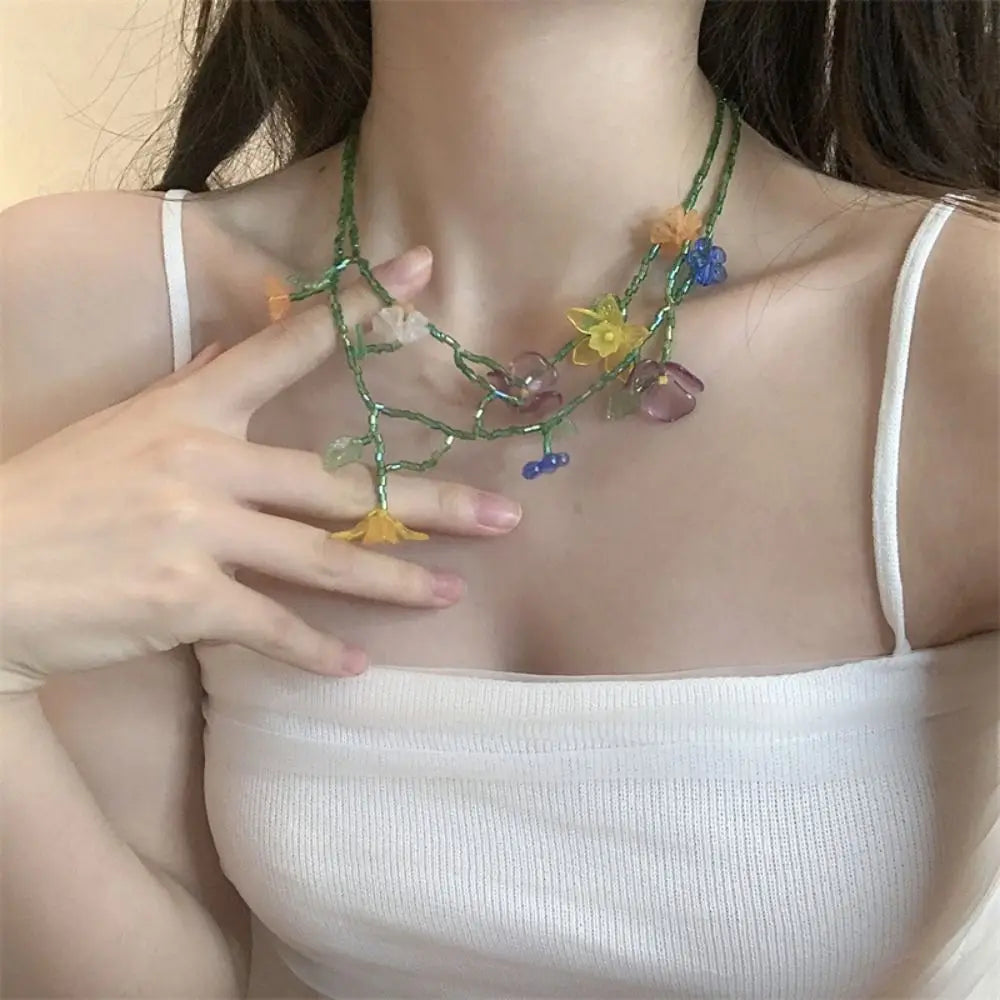 DAIIIBABYYY  -  Handmade Resin Flower Necklace Korean Style Jewelry Accessories Beaded Dangle Earring Tassel Minority Design Asymmetric Earrings