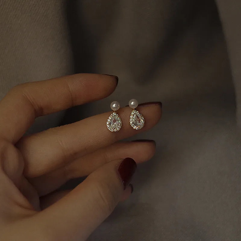 DAIIIBABYYY  -   Plated Pearl Stud Earrings Water Drop Shiny Zircon Morning Dew Earrings for Women Wedding Jewelry