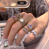 Daiiibabyyy Opal Irregular Natural Stone Ring With White Opal Aesthetic Egirl Hollow Rings for Women Y2K Trendy Ring Creative Finger Jewelry