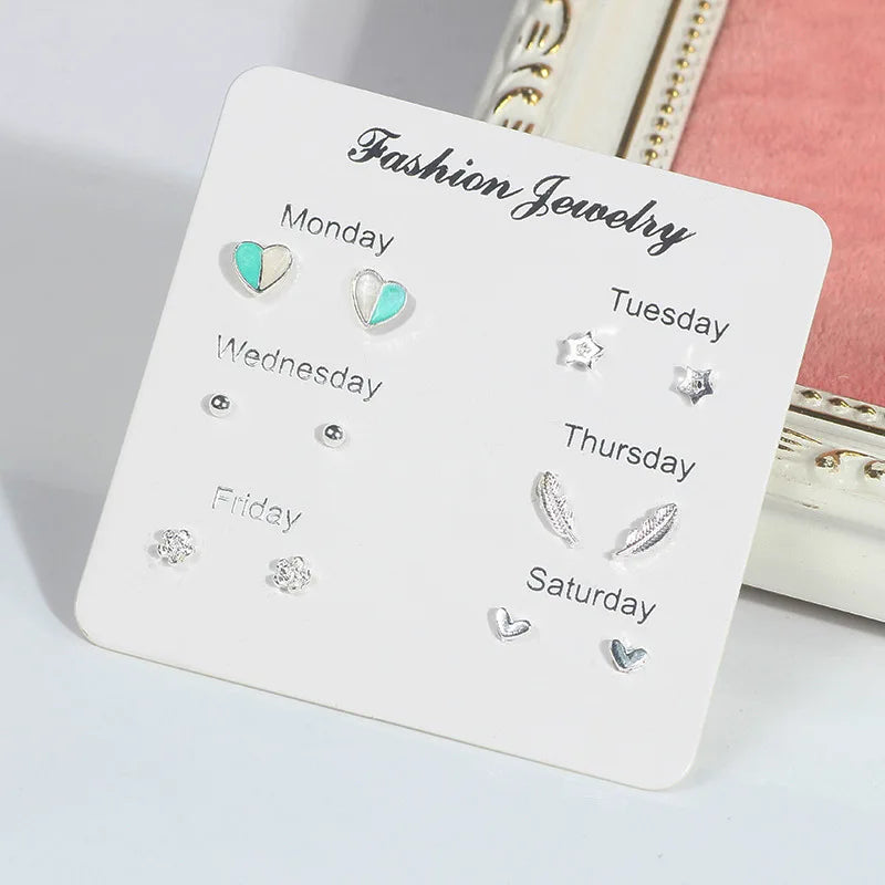 DAIIIBABYYY  -   2024 Creative Week Stud Earrings Set for Women Heart Pearl Rhinestone Earring Korean Fashion Party Jewelry Wholesale