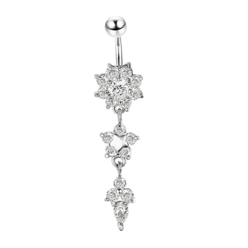 DAIIIBABYYY  -  Fashion Zircon Heart Belly Button Piercing for Women Stainless Steel Long Flower Pendant Navel Rings Piercing Ombligo Jewelry