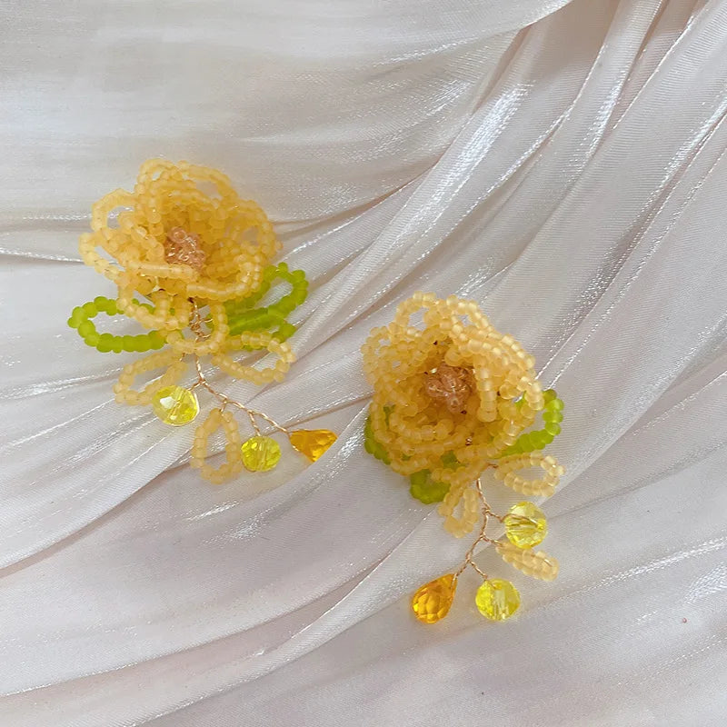 DAIIIBABYYY  -  Hand Woven Blue-Yellow Hollow Out Flower Leaf Tassel Crystal Drop Earrings for Women Acrylic Beaded Earrings Jewelry