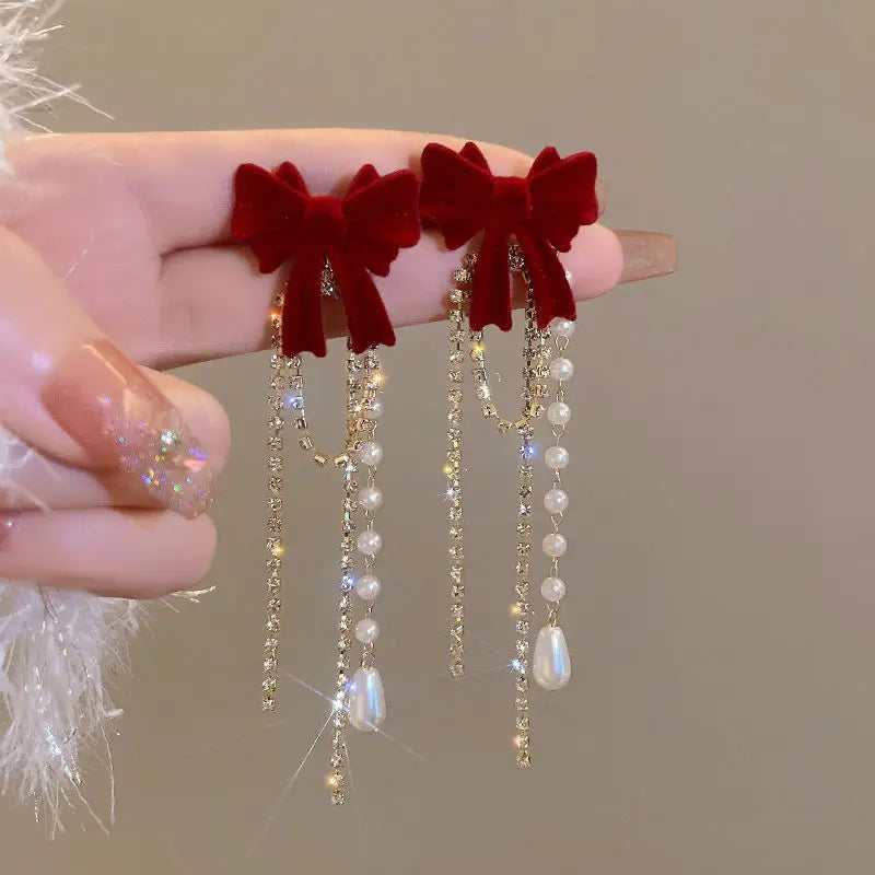 DAIIIBABYYY  -  Wine Red Flocking Bow-knot Rhinestone Pearl Tassel Drop Earrings for Women Korean Fashion Winter New Year Party Earring Jewelry