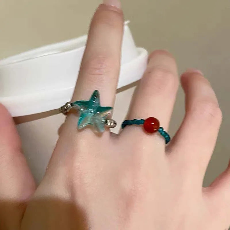 DAIIIBABYYY  -  New Sweet Blue Dream Jelly Shell Resin Star Rings Metal for Women Girls Starfish Beaded Finger Rings Ocean Jewelry Accessories
