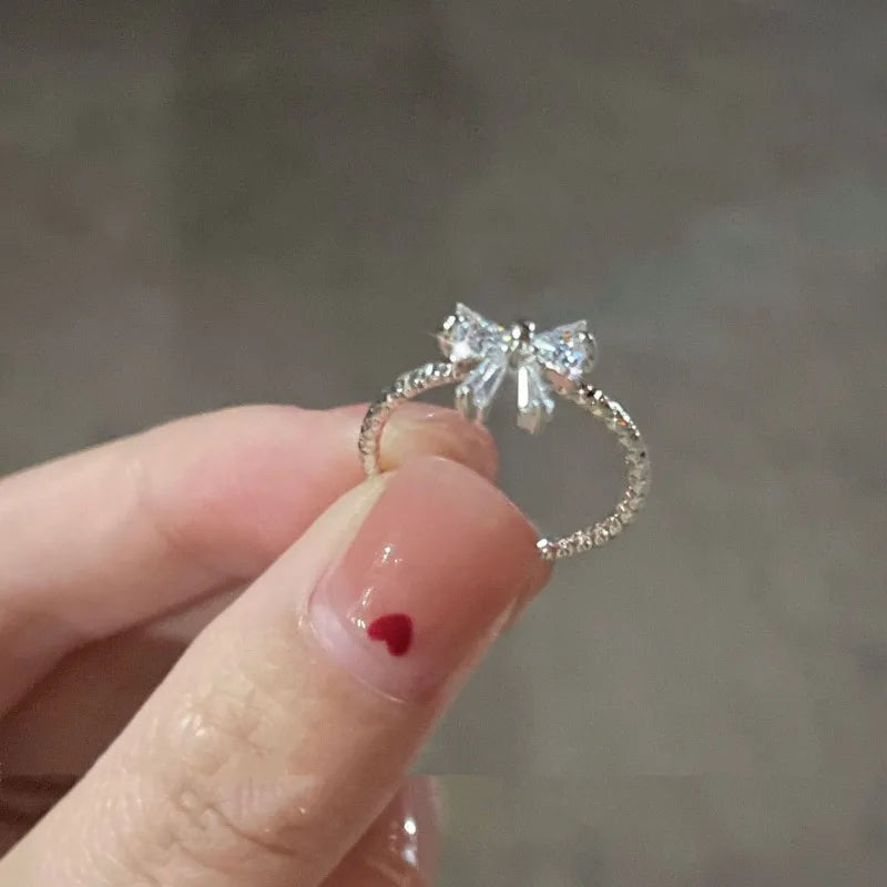 DAIIIBABYYY  -  Sweet Fashion Zircon Bowknot Rings for Women Girls Y2K Crystal Silver Color Adjustable Opening Ring Wedding Party Jewelry Gifts